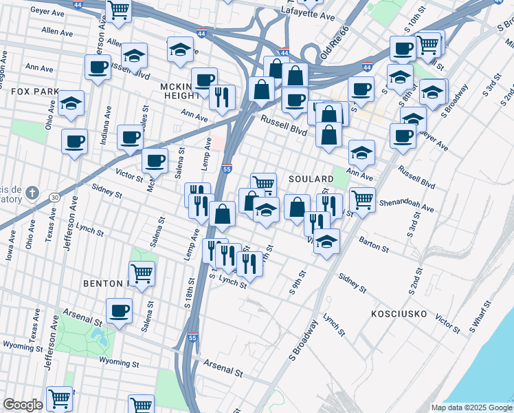 map of restaurants, bars, coffee shops, grocery stores, and more near 2401 South 12th Street in St. Louis