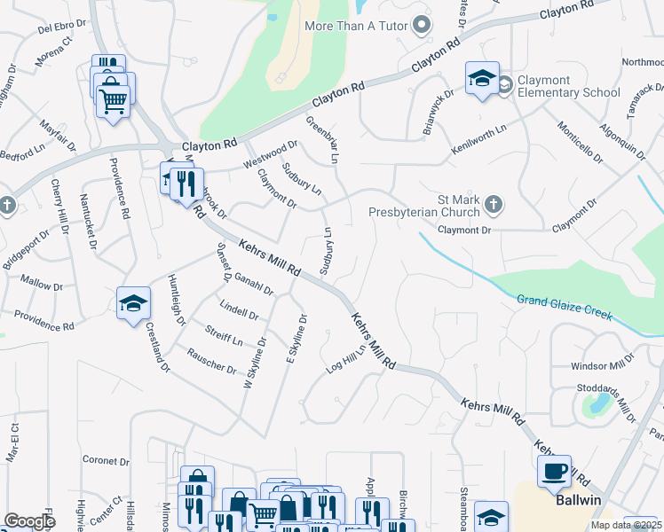 map of restaurants, bars, coffee shops, grocery stores, and more near 322 Sudbury Lane in Ballwin