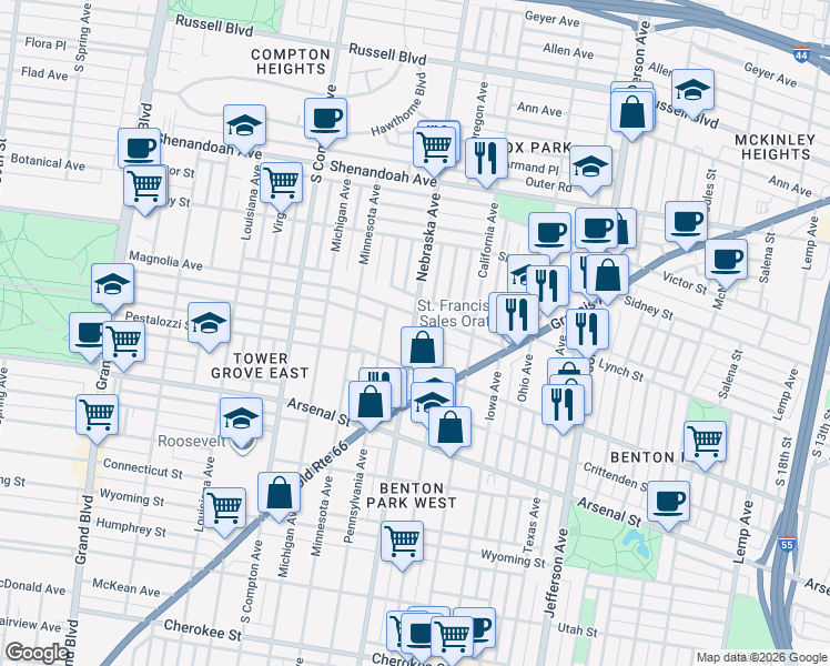 map of restaurants, bars, coffee shops, grocery stores, and more near 2838 Magnolia Avenue in St. Louis