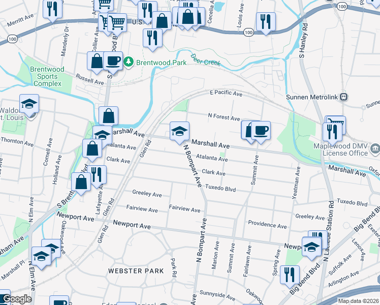 map of restaurants, bars, coffee shops, grocery stores, and more near 621 Atalanta Avenue in Webster Groves