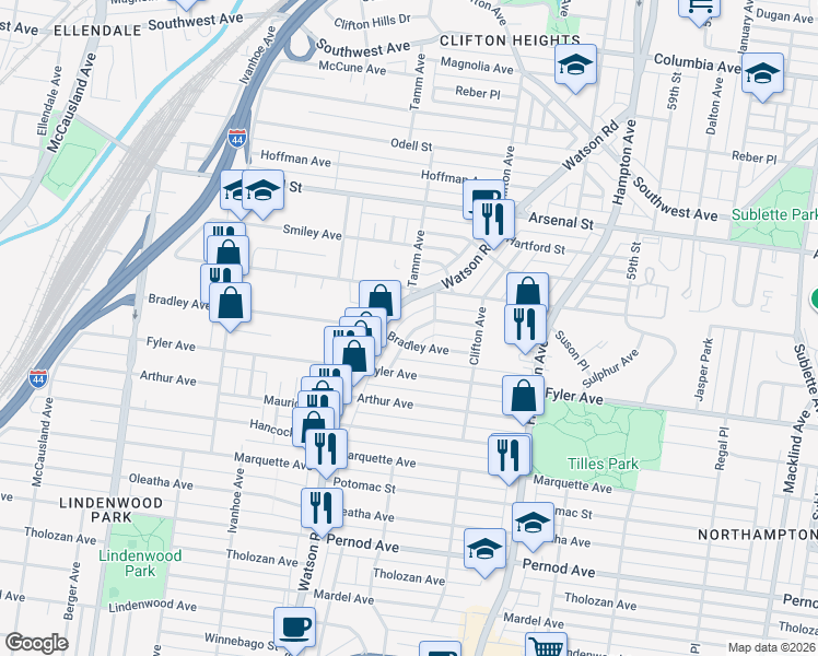 map of restaurants, bars, coffee shops, grocery stores, and more near 3227 Childress Avenue in St. Louis