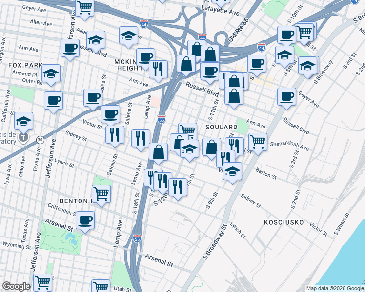 map of restaurants, bars, coffee shops, grocery stores, and more near 2401 South 12th Street in St. Louis