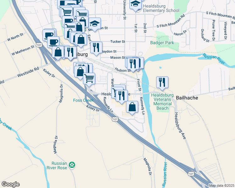 map of restaurants, bars, coffee shops, grocery stores, and more near 37 Healdsburg Avenue in Healdsburg