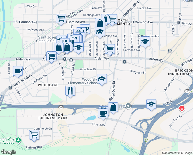 map of restaurants, bars, coffee shops, grocery stores, and more near 630 Blackwood Street in Sacramento