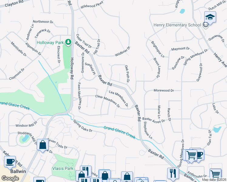 map of restaurants, bars, coffee shops, grocery stores, and more near 123 Lea Meadows Drive in Ballwin