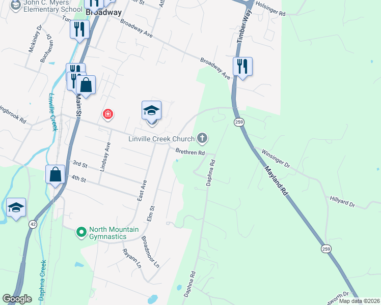 map of restaurants, bars, coffee shops, grocery stores, and more near 409 Brethren Road in Broadway