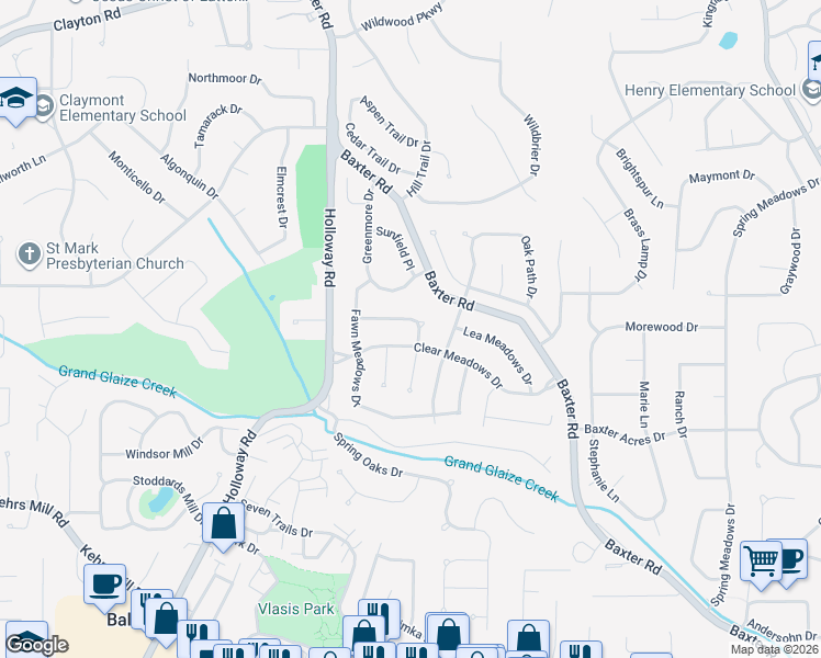 map of restaurants, bars, coffee shops, grocery stores, and more near 200 Cool Meadows Drive in Ballwin