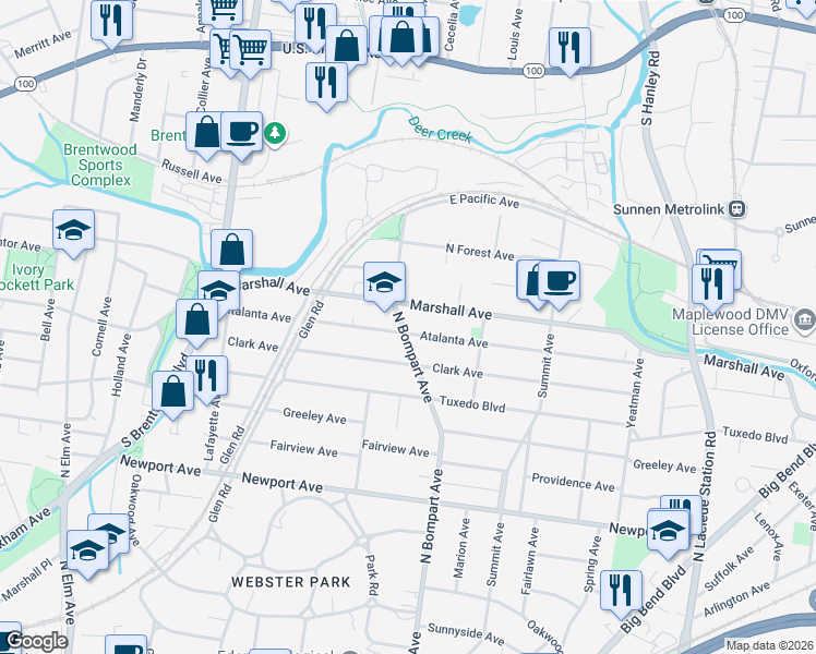 map of restaurants, bars, coffee shops, grocery stores, and more near 621 Atalanta Avenue in Webster Groves