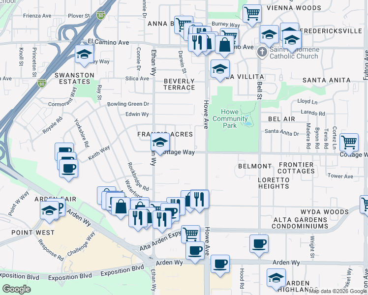 map of restaurants, bars, coffee shops, grocery stores, and more near 2117 Cottage Way in Sacramento