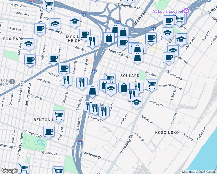 map of restaurants, bars, coffee shops, grocery stores, and more near 2401 South 12th Street in St. Louis