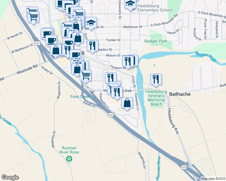 map of restaurants, bars, coffee shops, grocery stores, and more near 37 Healdsburg Avenue in Healdsburg