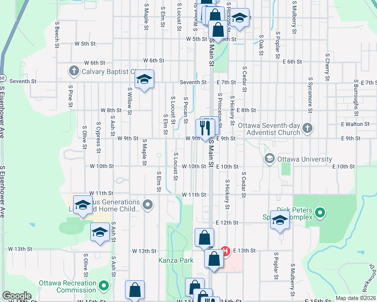 map of restaurants, bars, coffee shops, grocery stores, and more near 920 South Walnut Street in Ottawa