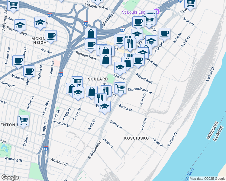 map of restaurants, bars, coffee shops, grocery stores, and more near 2320 South 9th Street in St. Louis