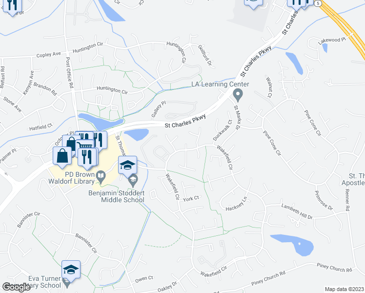 map of restaurants, bars, coffee shops, grocery stores, and more near 2044 Abbey Court in Waldorf