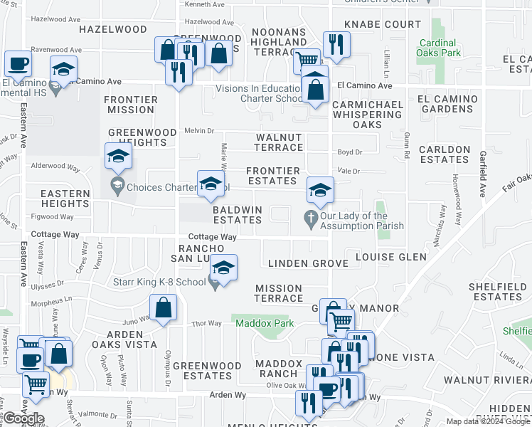 map of restaurants, bars, coffee shops, grocery stores, and more near 4925 Clear Circle in Carmichael