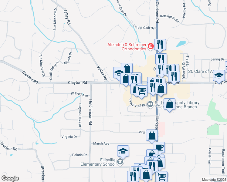 map of restaurants, bars, coffee shops, grocery stores, and more near 355 Lafayette Court in Ellisville