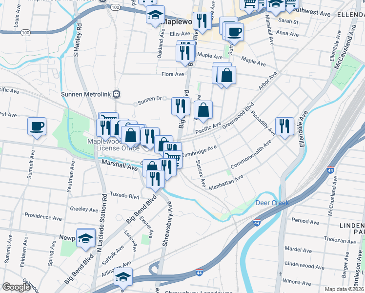 map of restaurants, bars, coffee shops, grocery stores, and more near 3704 Greenwood Boulevard in Maplewood