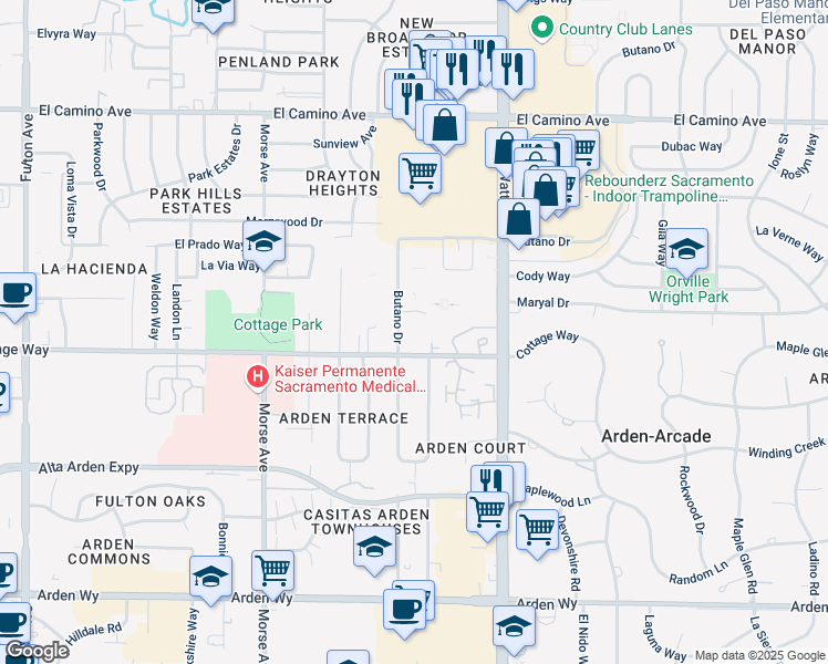map of restaurants, bars, coffee shops, grocery stores, and more near 3329 Cottage Way in Sacramento