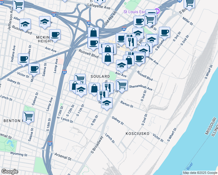 map of restaurants, bars, coffee shops, grocery stores, and more near 913 Lami Street in St. Louis