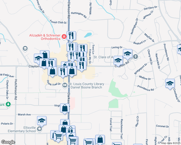 map of restaurants, bars, coffee shops, grocery stores, and more near 15826 Clayton Road in Ellisville