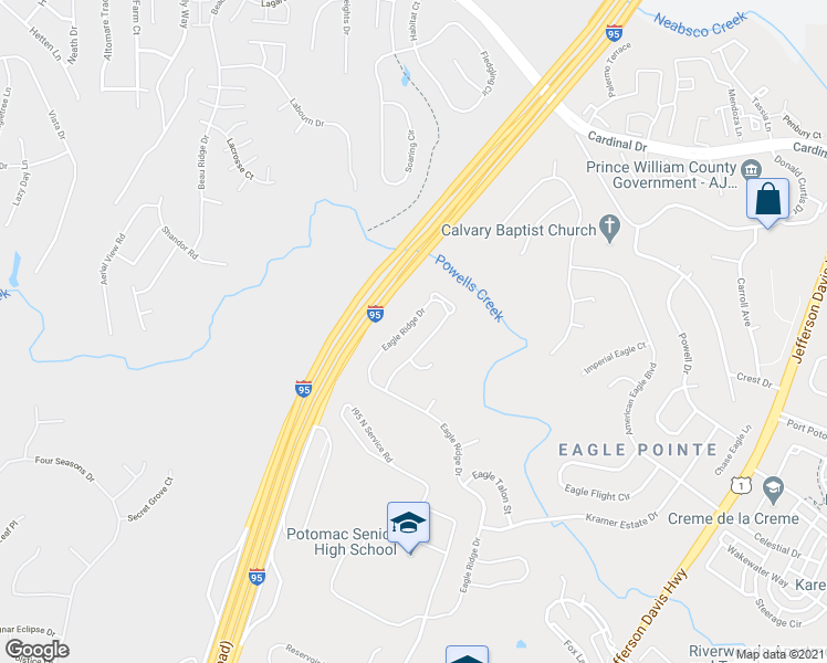 map of restaurants, bars, coffee shops, grocery stores, and more near 3500 Eagle Ridge Drive in Woodbridge