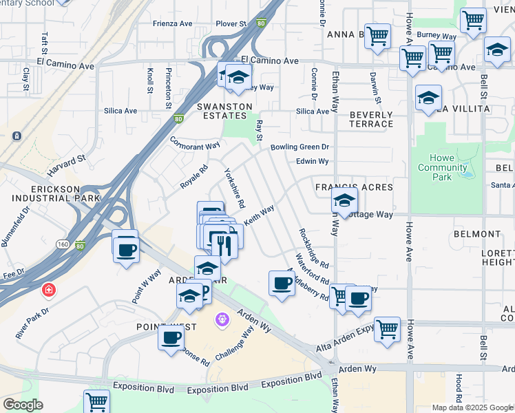 map of restaurants, bars, coffee shops, grocery stores, and more near 2105 Middleberry Road in Sacramento