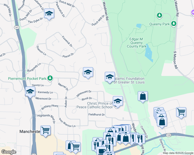 map of restaurants, bars, coffee shops, grocery stores, and more near 746 Auber Ridge Court in Ballwin