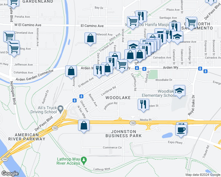 map of restaurants, bars, coffee shops, grocery stores, and more near 1313 Lochbrae Road in Sacramento