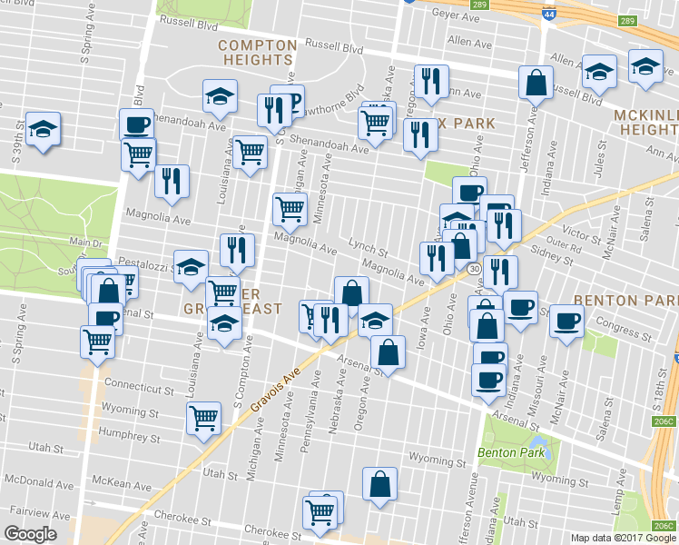 map of restaurants, bars, coffee shops, grocery stores, and more near 2824 Pennsylvania Avenue in St. Louis