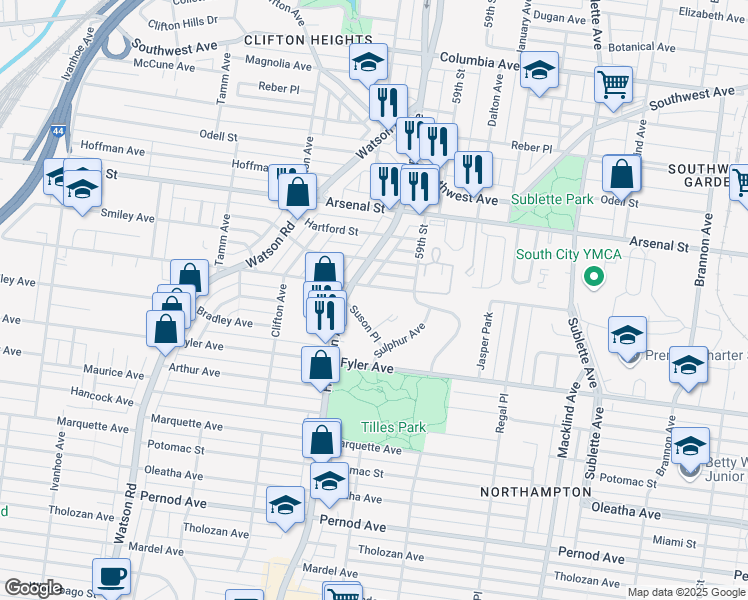 map of restaurants, bars, coffee shops, grocery stores, and more near 5928 Scanlan Avenue in St. Louis