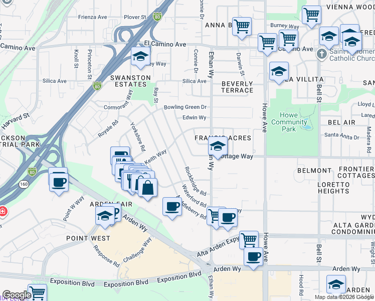 map of restaurants, bars, coffee shops, grocery stores, and more near 2141 Surrey Road in Sacramento