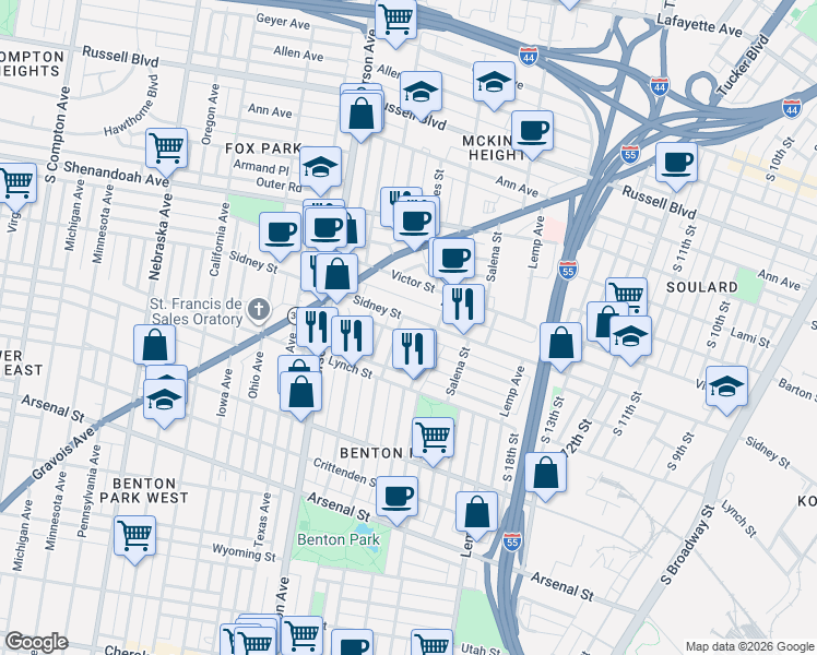 map of restaurants, bars, coffee shops, grocery stores, and more near 2615 Missouri Avenue in St. Louis