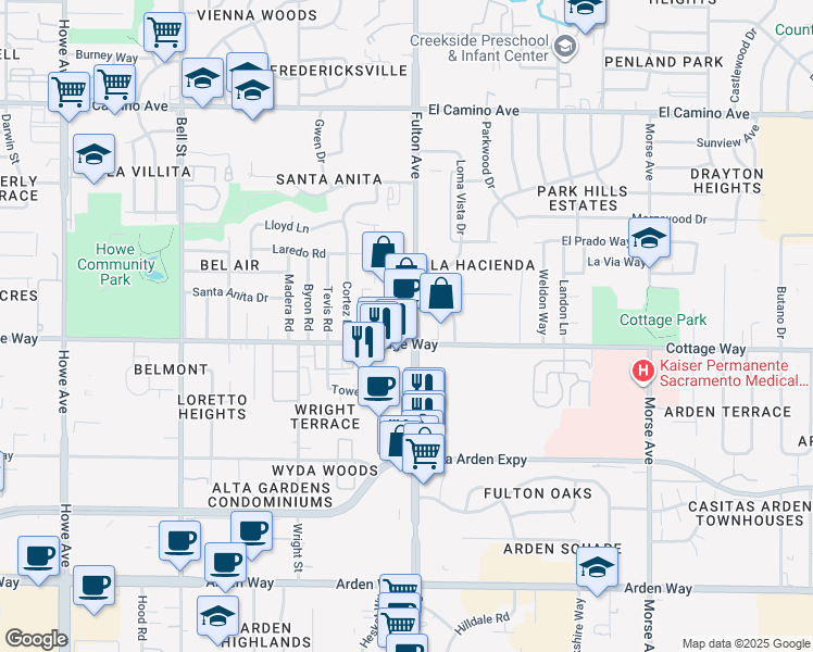 map of restaurants, bars, coffee shops, grocery stores, and more near 2537 Cottage Way in Sacramento