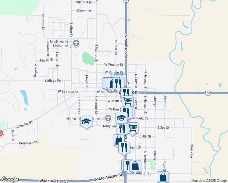 map of restaurants, bars, coffee shops, grocery stores, and more near 207 West Saint Louis Street in Lebanon