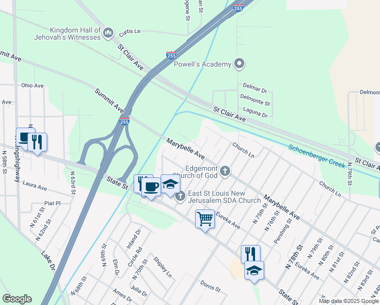 map of restaurants, bars, coffee shops, grocery stores, and more near 6800 Marybelle Avenue in East St. Louis