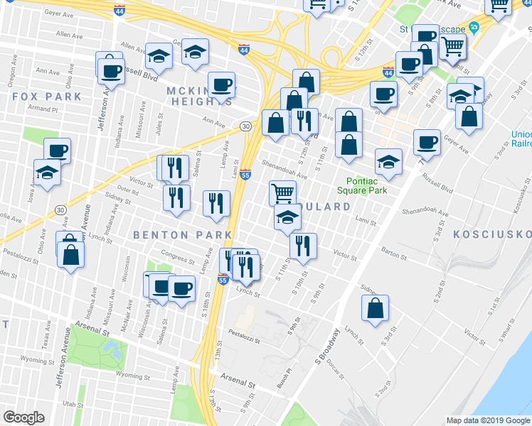 map of restaurants, bars, coffee shops, grocery stores, and more near 2411 South 13th Street in St. Louis