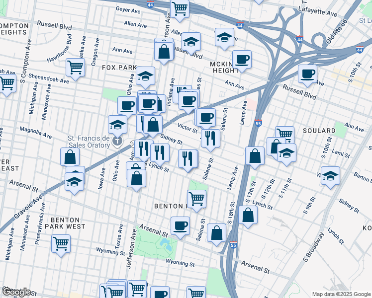 map of restaurants, bars, coffee shops, grocery stores, and more near 2615 Missouri Avenue in St. Louis