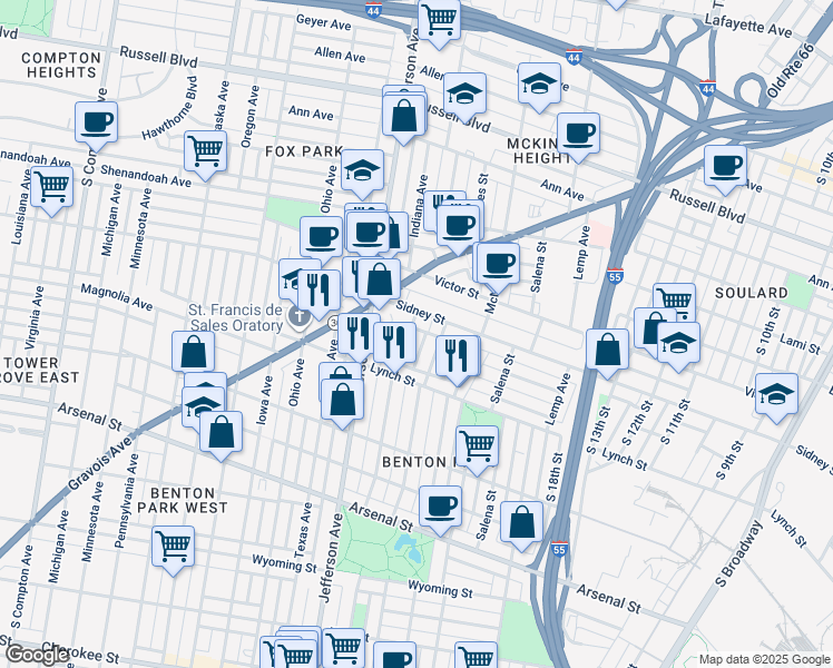 map of restaurants, bars, coffee shops, grocery stores, and more near 2623 Indiana Avenue in St. Louis