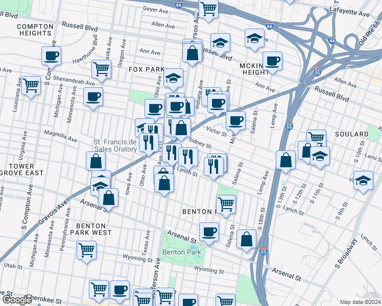 map of restaurants, bars, coffee shops, grocery stores, and more near 2623 Indiana Avenue in St. Louis