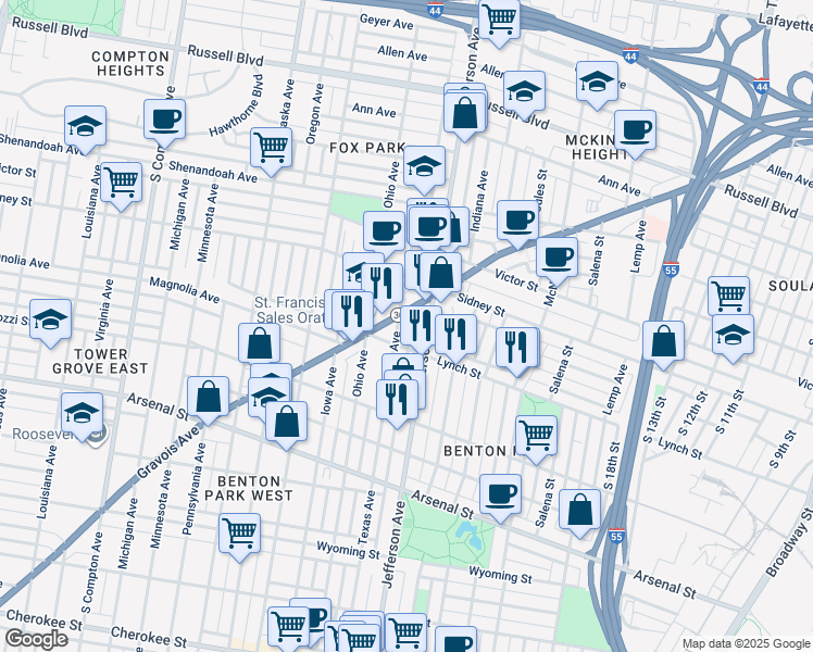 map of restaurants, bars, coffee shops, grocery stores, and more near 2705 South Jefferson Avenue in St. Louis