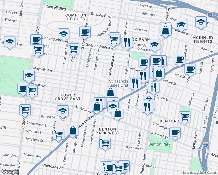 map of restaurants, bars, coffee shops, grocery stores, and more near 2838 Magnolia Avenue in St. Louis