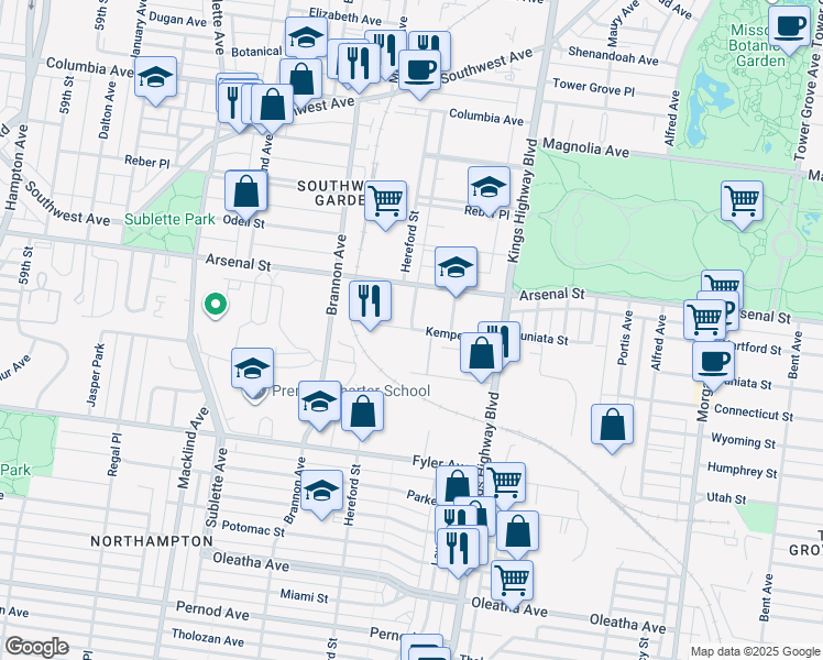 map of restaurants, bars, coffee shops, grocery stores, and more near 5000-5006 Kemper Avenue in St. Louis