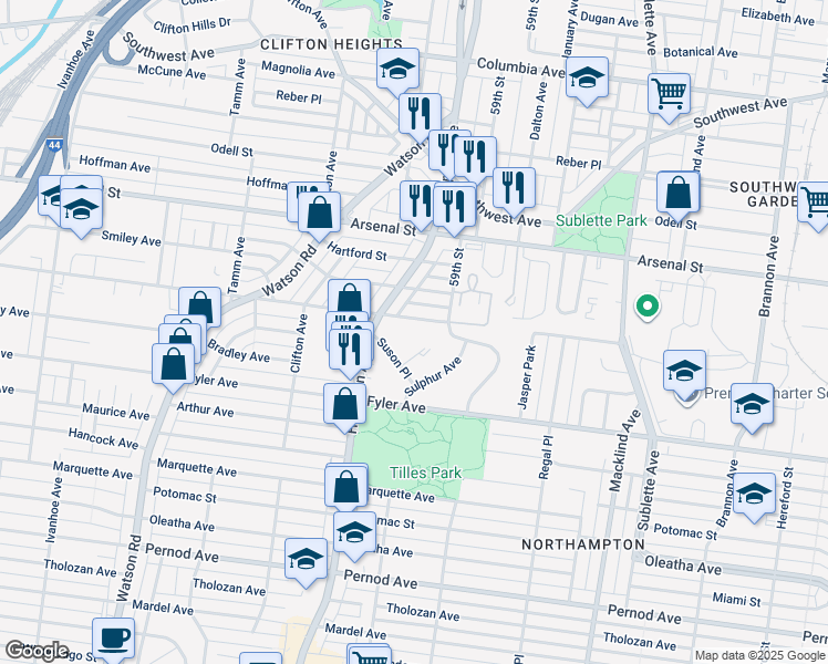 map of restaurants, bars, coffee shops, grocery stores, and more near 5928 Scanlan Avenue in St. Louis