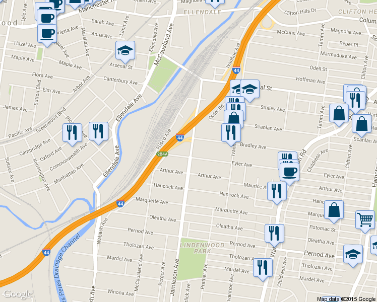 map of restaurants, bars, coffee shops, grocery stores, and more near 3277 Jamieson Avenue in St. Louis