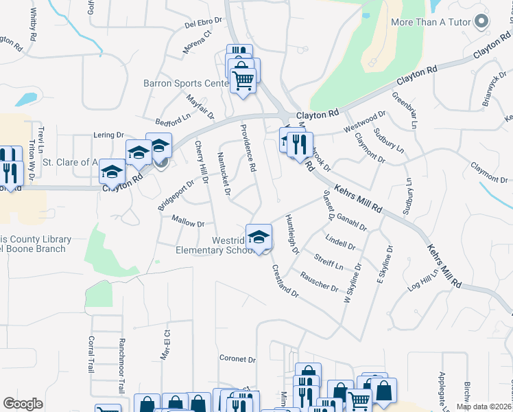 map of restaurants, bars, coffee shops, grocery stores, and more near 316 Nantucket Drive in Ballwin