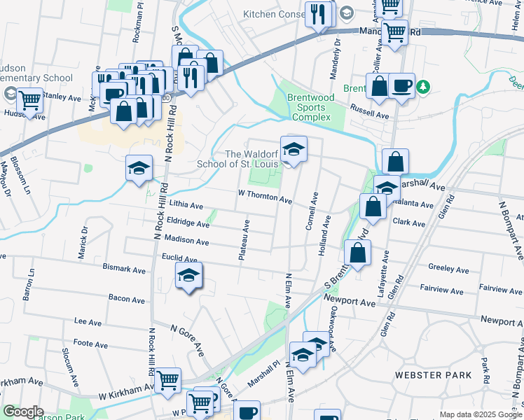 map of restaurants, bars, coffee shops, grocery stores, and more near 121 Lithia Avenue in Webster Groves
