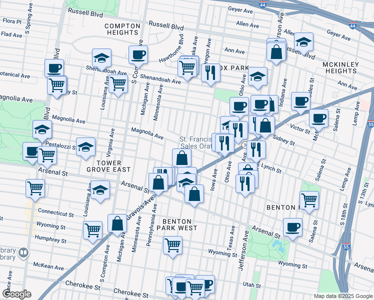 map of restaurants, bars, coffee shops, grocery stores, and more near 2838 Magnolia Avenue in St. Louis