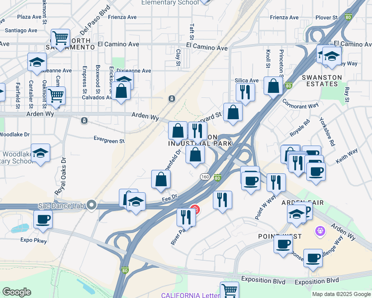 map of restaurants, bars, coffee shops, grocery stores, and more near 1220 Blumenfeld Drive in Sacramento