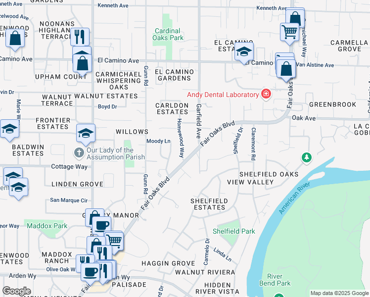 map of restaurants, bars, coffee shops, grocery stores, and more near 2120 Homewood Way in Carmichael