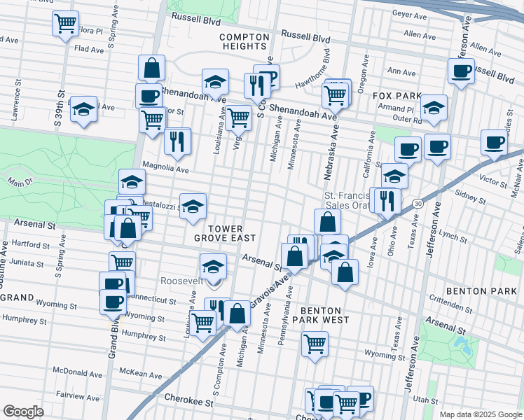 map of restaurants, bars, coffee shops, grocery stores, and more near 2841 Michigan Avenue in St. Louis